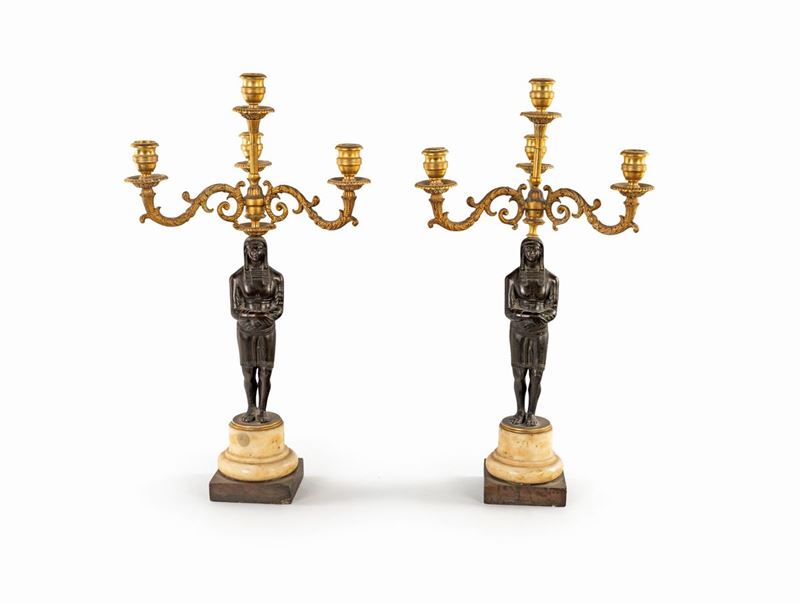 Coppia di Candelabri in Bronzo "retour D'egypte", Francia XIX Secolo