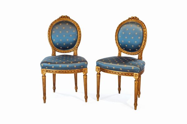 Coppia di sedie in legno dorato, fine del XIX secolo  - Asta Arredi e dipinti dalla collezione di Carlo Lampronti - Casa d'Aste Arcadia