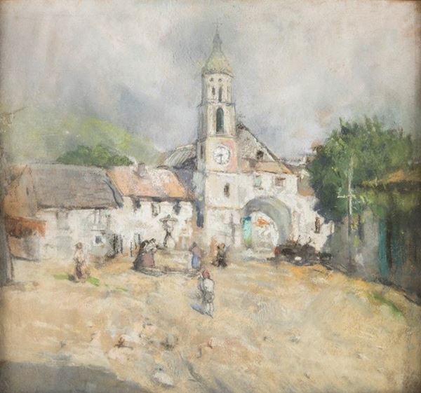 Pittore del XIX secolo - Figure nei pressi di una chiesa