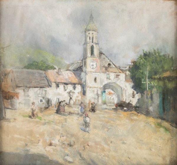 Pittore del XIX secolo - FIGURE NEI PRESSI DI UNA CHIESA