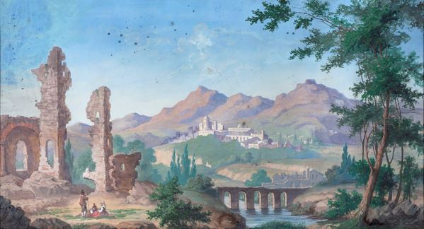 Pittore del XIX secolo - Paesaggio laziale con rovine classiche