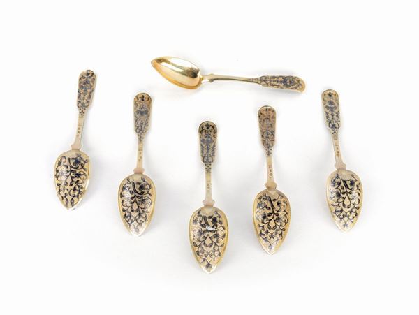 Sei cucchiai da dessert in argento dorato, Mosca 1820, argentiere Pavel Sazikov 