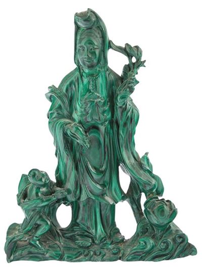 Scultura in Malachite Raffigurante Guanyin