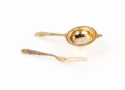 Colino da Tè e Forchettina per Limone in Argento Dorato, Argentiere Faccioli, Milano, Anni C...
