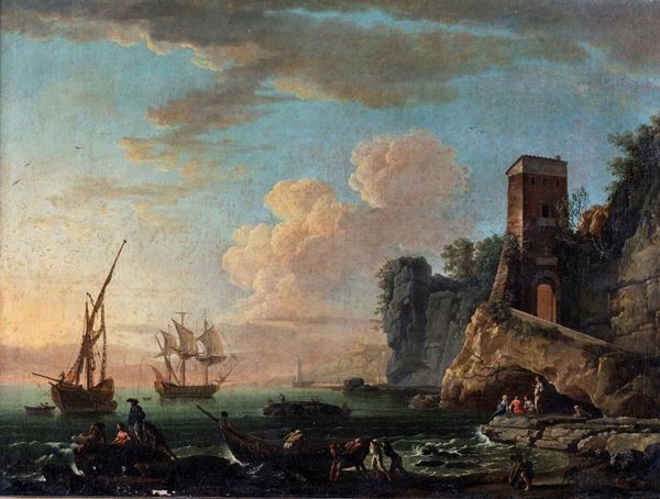 Pittore francese del XVIII secolo - Marina con torre velieri e pescatori