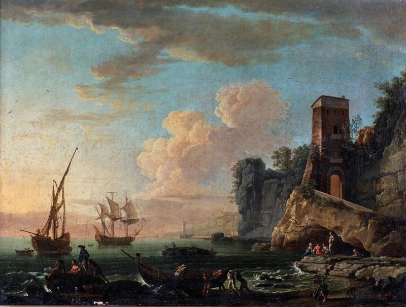 Pittore Francese del XVIII Secolo - Marina con Torre Velieri e Pescatori