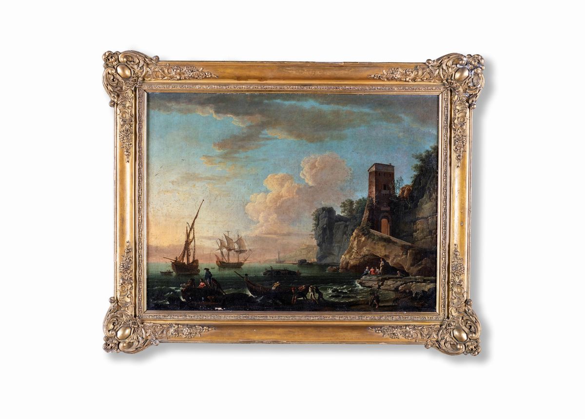 Pittore Francese del XVIII Secolo - Marina con Torre Velieri e Pescatori