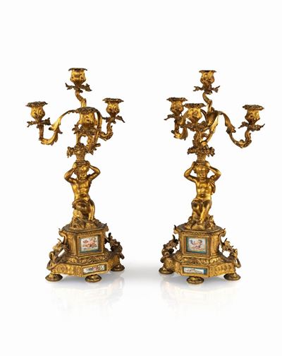 Coppia di Candelabri in Bronzo Dorato, Francia, XIX Secolo