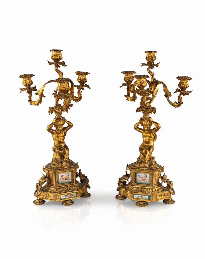 Coppia di Candelabri in Bronzo Dorato, Francia, XIX Secolo