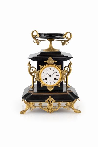 Orologio in Marmo Nero e Bronzo, Henry Marc, Parigi, Seconda Metà XIX Secolo