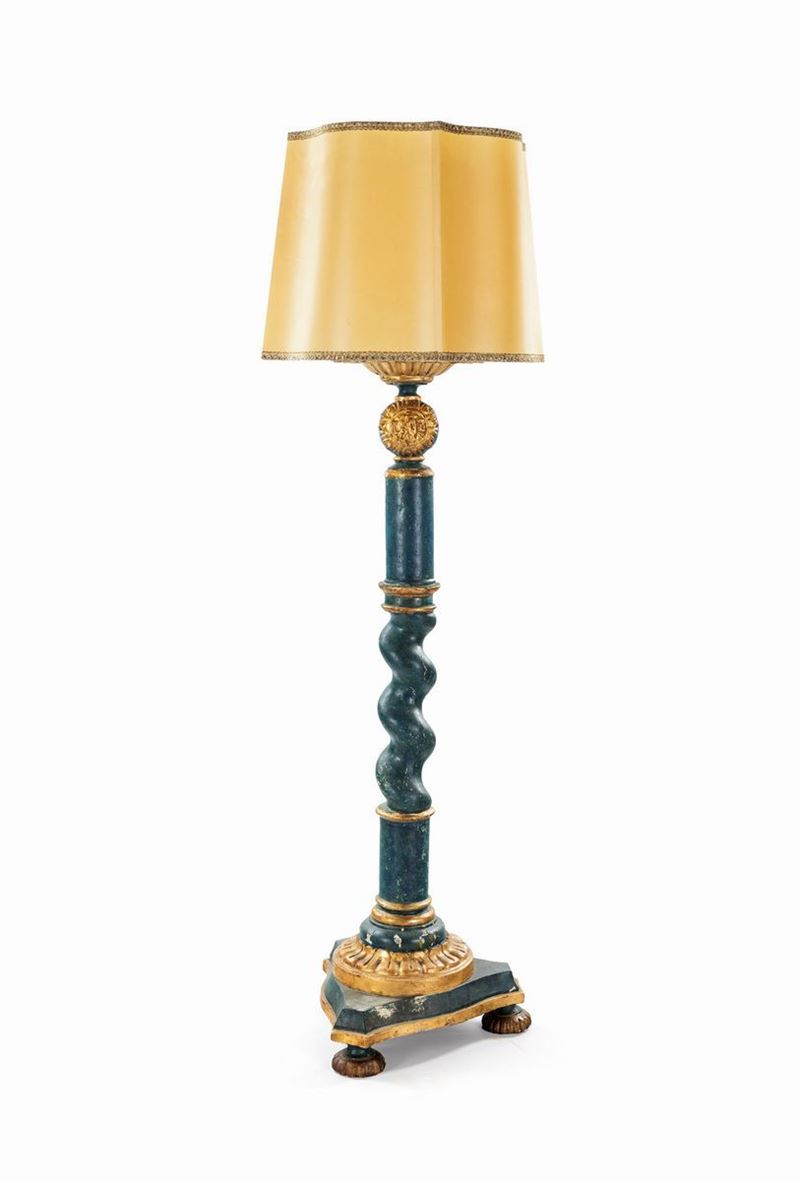 Antica Torciera in Legno Laccato Azzurro e Oro