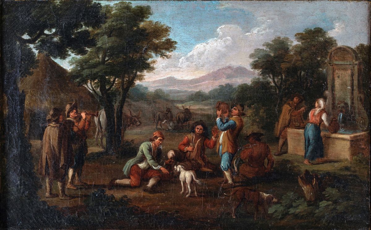 Michelangelo Cerquozzi - A) Scena di Genere con Coloni e Viandanti B) Cacciatori in Sosta