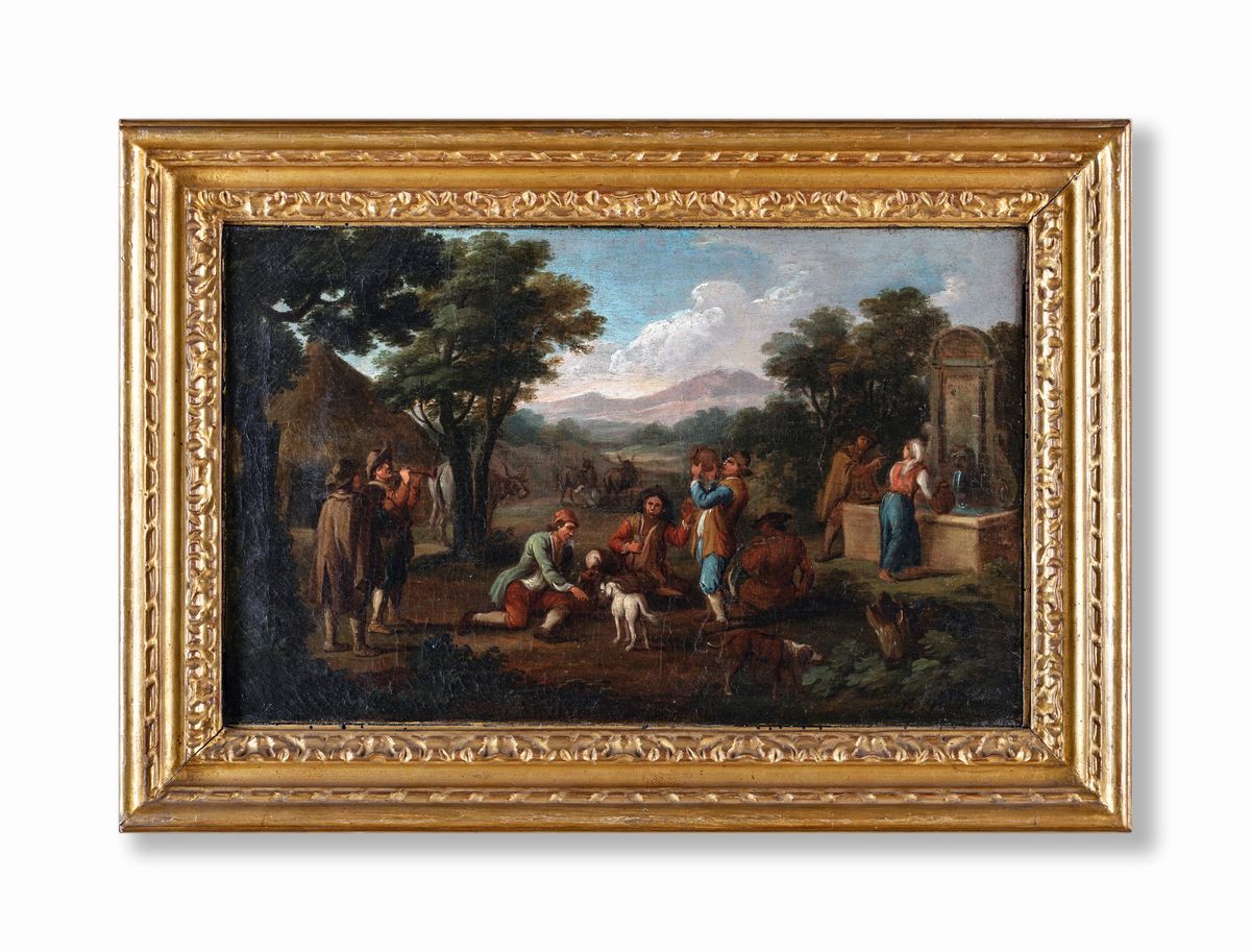 Michelangelo Cerquozzi - A) Scena di Genere con Coloni e Viandanti B) Cacciatori in Sosta