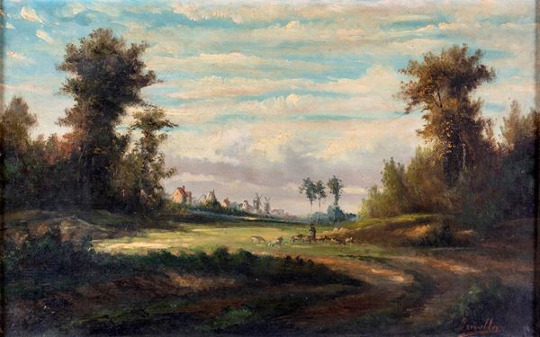 Pittore del XIX secolo - Paesaggio olandese con pastore