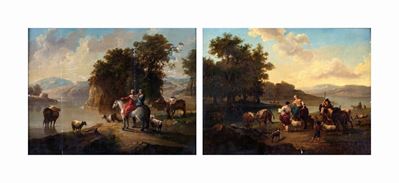 A) Paesaggio Bucolico con Figure e Armenti B) Paesaggio Fluviale con Cavalieri e Armenti