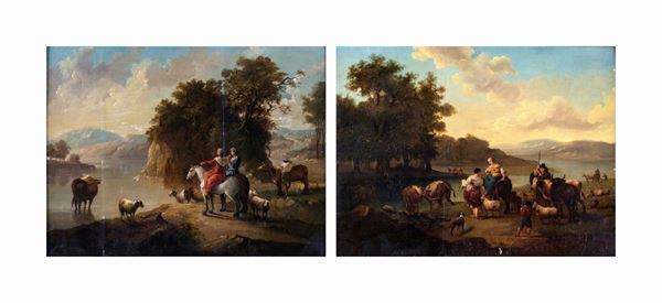 Francesco Zuccarelli ( cerchia ) - a) Paesaggio bucolico con figure e armenti  b) Paesaggio fluviale con cavalieri e armenti