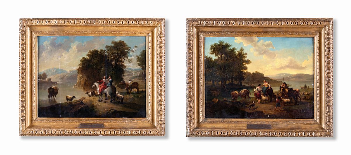 Francesco Zuccarelli ( Cerchia ) - A) Paesaggio Bucolico con Figure e Armenti B) Paesaggio Fluvia...