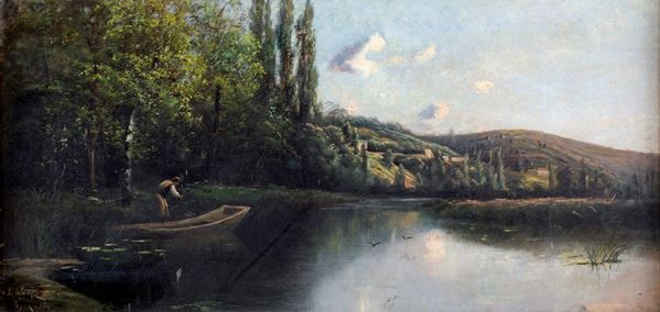 Pittore francese del XIX secolo - Paesaggio fluviale con imbarcazione