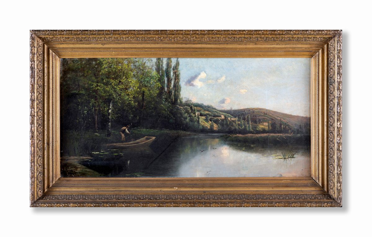 Pittore Francese del XIX Secolo - Paesaggio Fluviale con Imbarcazione