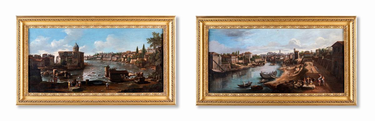 Gaspar Van Wittel - A) Veduta del Tevere All'altezza della Mola dei Fiorentini B) Veduta del Teve...