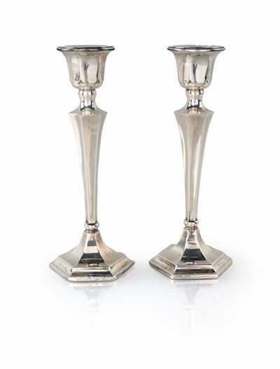 Coppia di Piccoli Candelieri in Argento 925/1000, Birmingham 1920 Ca., Argentiere E.f.b.