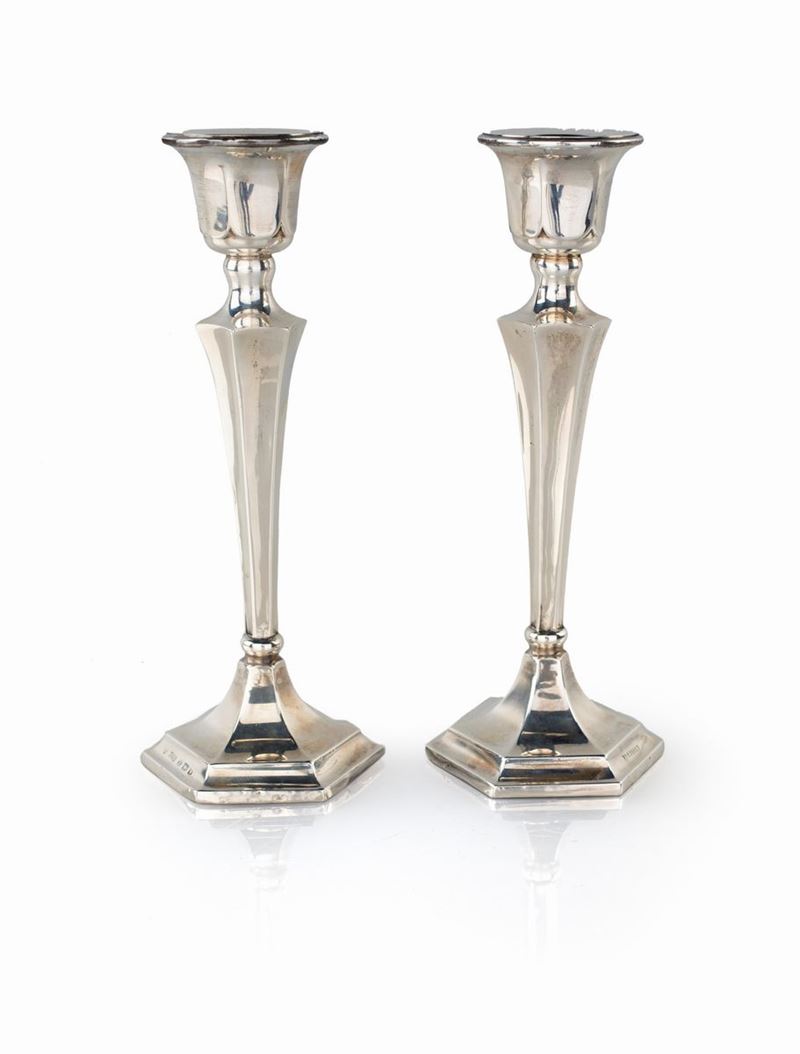 Coppia di Piccoli Candelieri in Argento 925/1000, Birmingham 1920 Ca., Argentiere E.f.b.