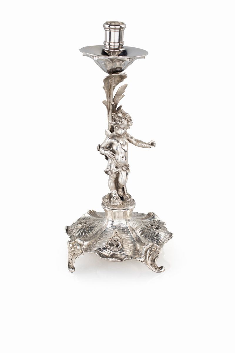 Candeliere in Argento, Germania 1880 Ca., Argentiere Wilhelm Binder (attivo dal 1869)