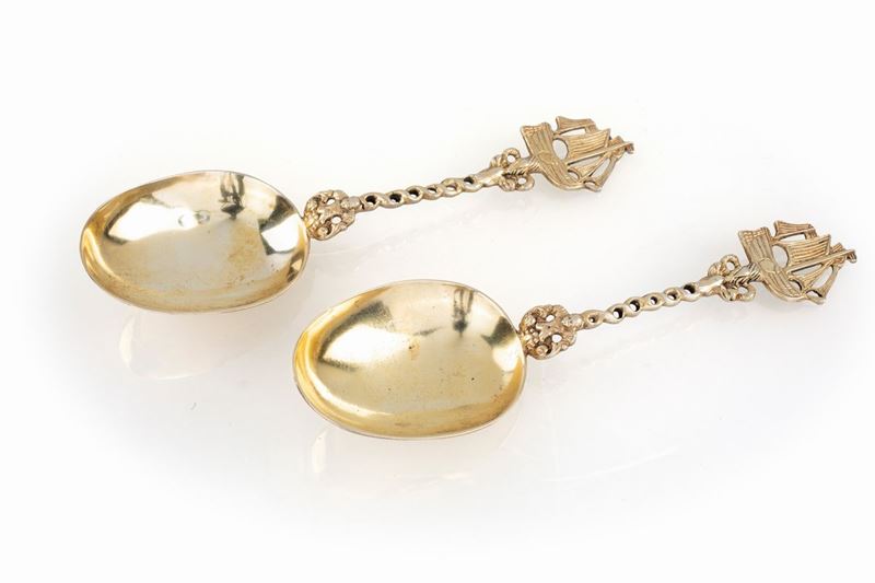 Coppia Cucchiai in Argento Dorato 925/1000, Inghilterra/germania, XX Secolo, Argentiere b.M.