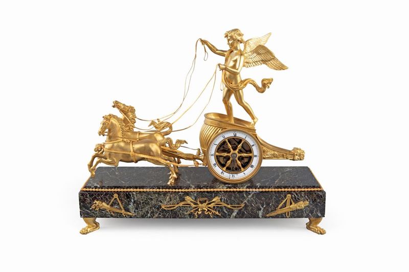 Orologio in Bronzo Dorato e Marmo Verde, Francia, XIX Secolo, da un Modello di Jean-simon Deverbe...