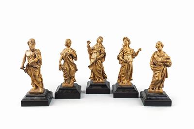 Cinque Piccole Sculture in Legno Dorato, XVII Secolo