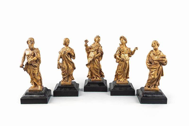 Cinque Piccole Sculture in Legno Dorato, XVII Secolo