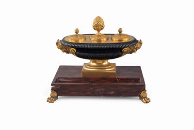 Calamaio in Bronzo e Marmo Rosso, Francia 1830 Ca.