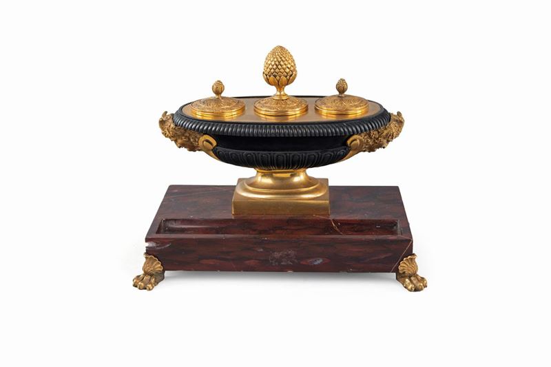Calamaio in Bronzo e Marmo Rosso, Francia 1830 Ca.