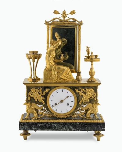 Orologio in Bronzo Dorato e Marmo Verde, Francia, Periodo Dell'impero