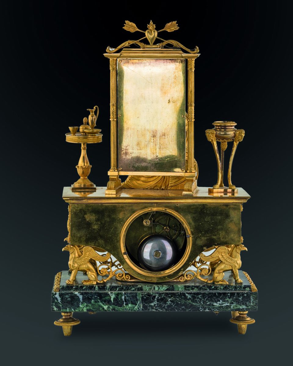 Orologio in Bronzo Dorato e Marmo Verde, Francia, Periodo Dell'impero