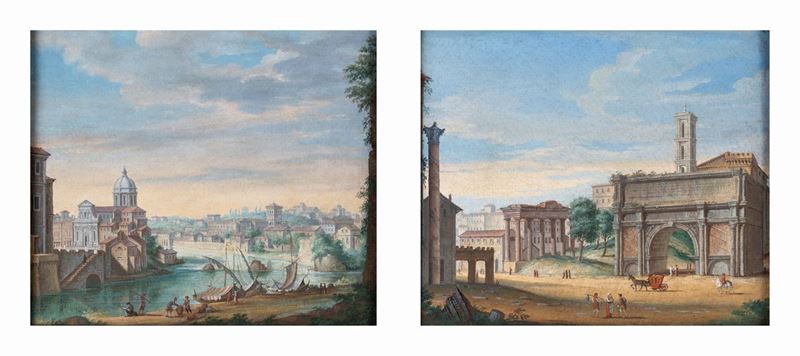 Pittore della Fine del XIX Secolo - A) Veduta del Tevere con la Basilica di San Giovanni dei Fior...