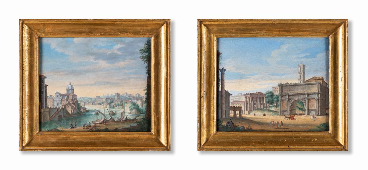 Pittore della Fine del XIX Secolo - A) Veduta del Tevere con la Basilica di San Giovanni dei Fior...