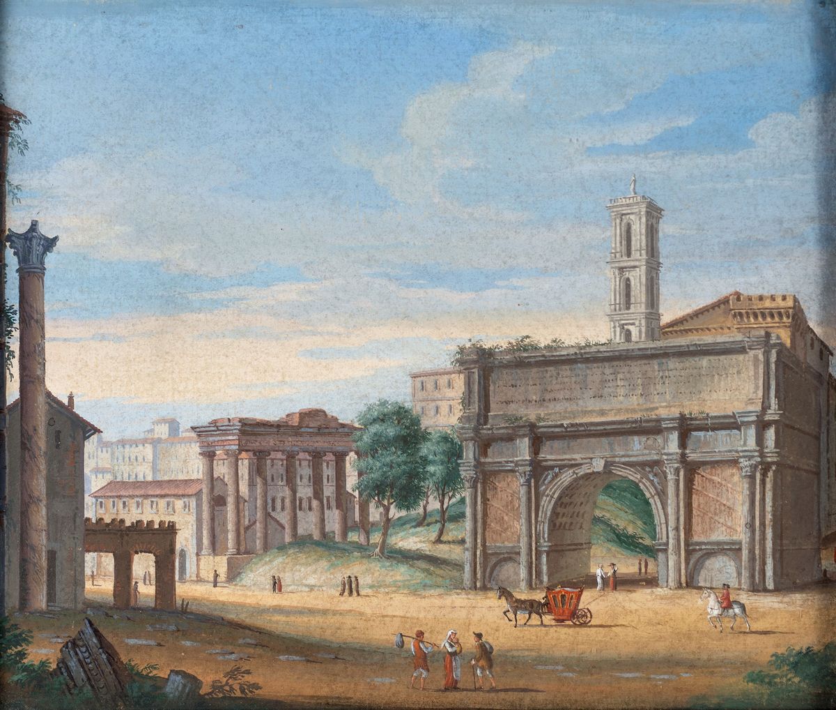 Pittore della Fine del XIX Secolo - A) Veduta del Tevere con la Basilica di San Giovanni dei Fior...