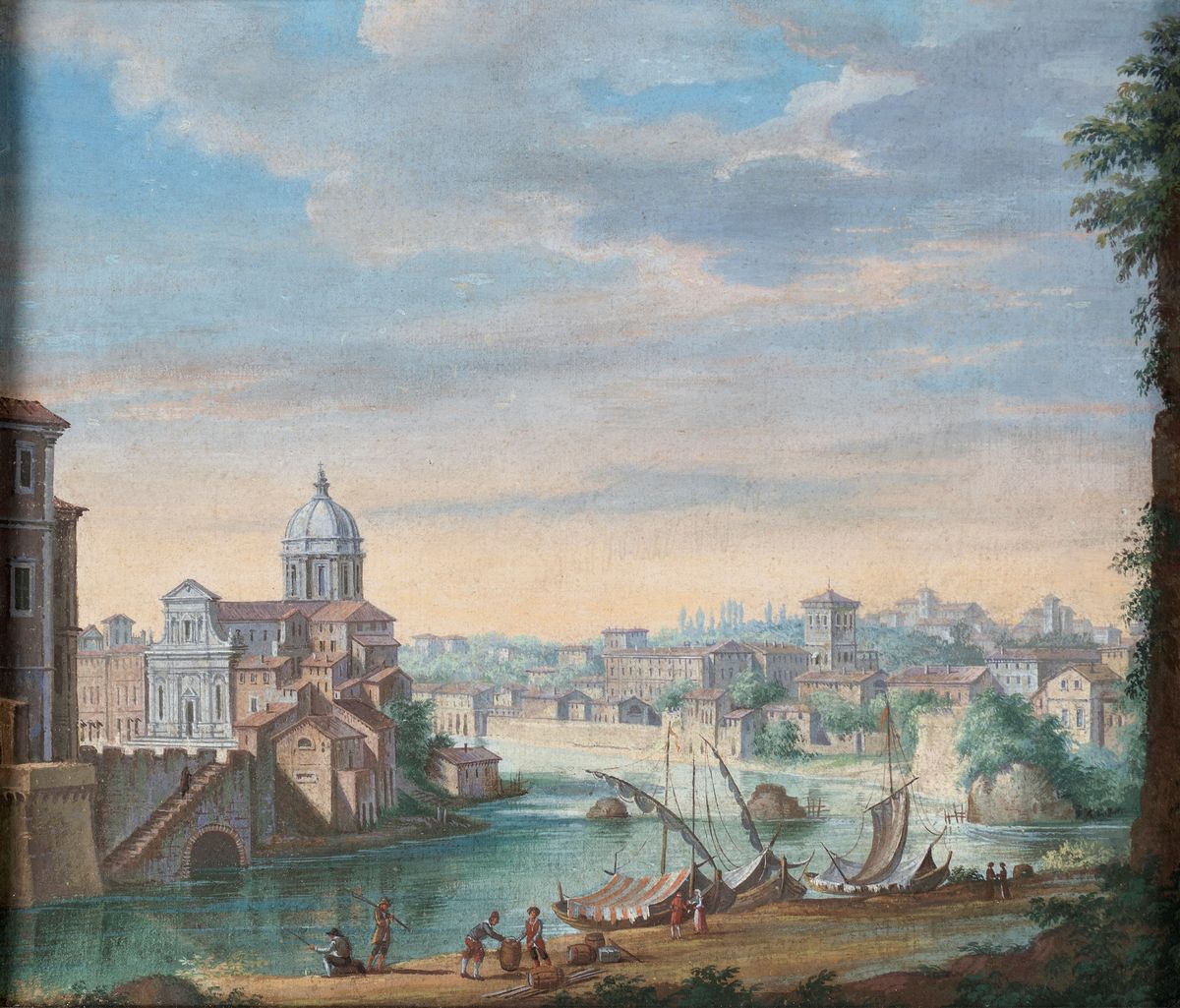 Pittore della Fine del XIX Secolo - A) Veduta del Tevere con la Basilica di San Giovanni dei Fior...