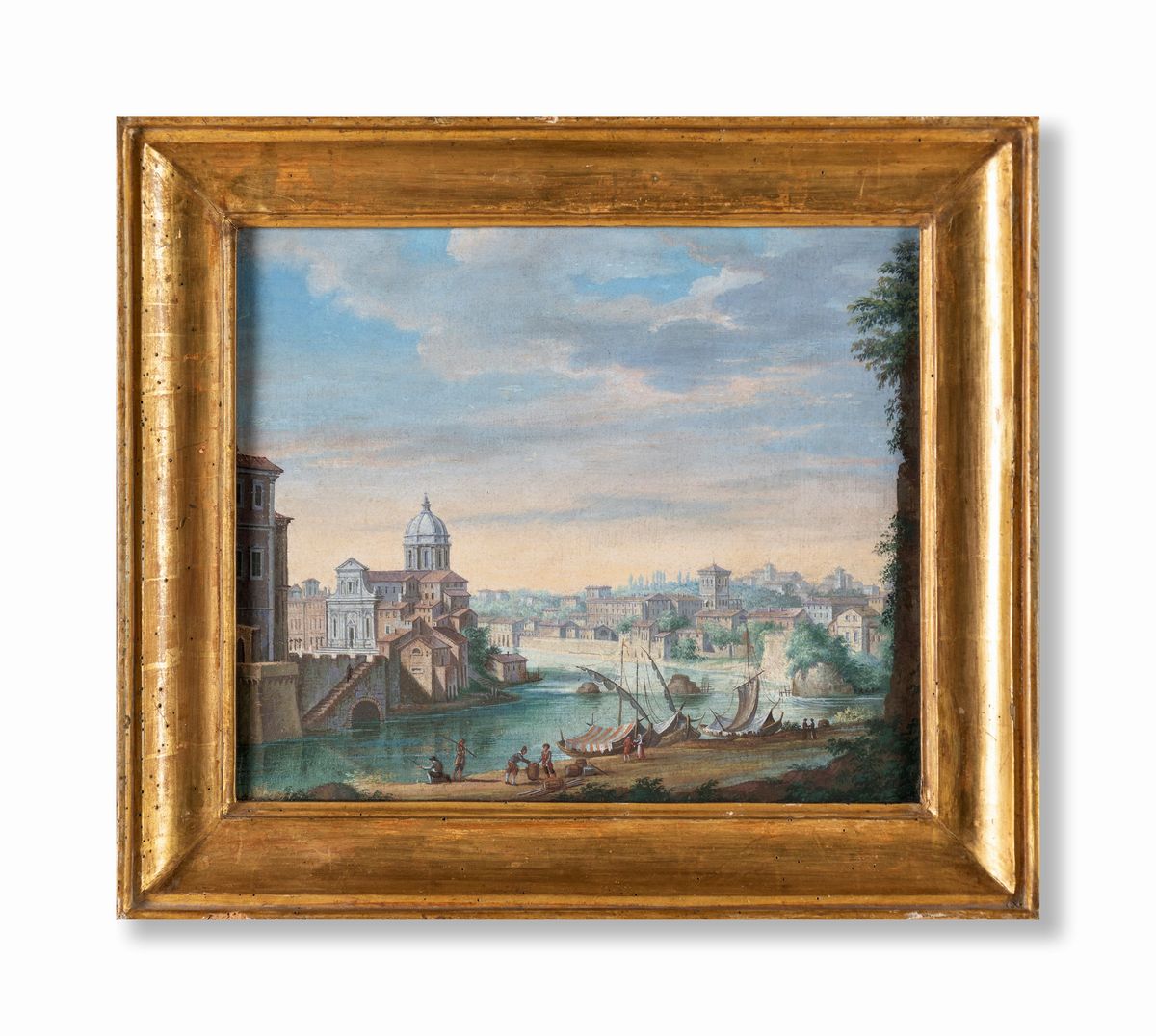 Pittore della Fine del XIX Secolo - A) Veduta del Tevere con la Basilica di San Giovanni dei Fior...