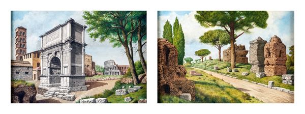 a) L'arco di Tito e il Colosseo  b) Ruderi sulla via Appia