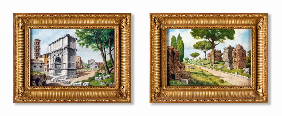 Pittore della Fine del XIX Secolo - A) L'arco di Tito e il Colosseo B) Ruderi sulla Via Appia