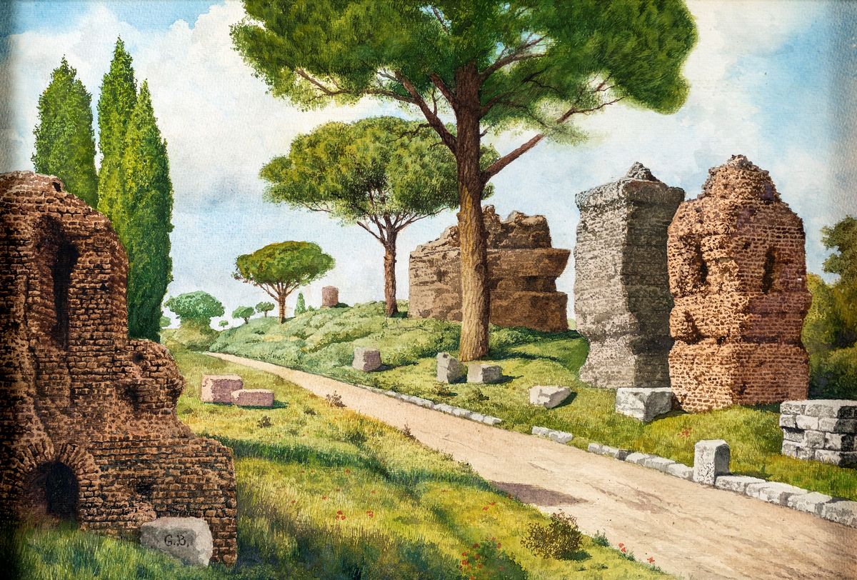 Pittore della Fine del XIX Secolo - A) L'arco di Tito e il Colosseo B) Ruderi sulla Via Appia