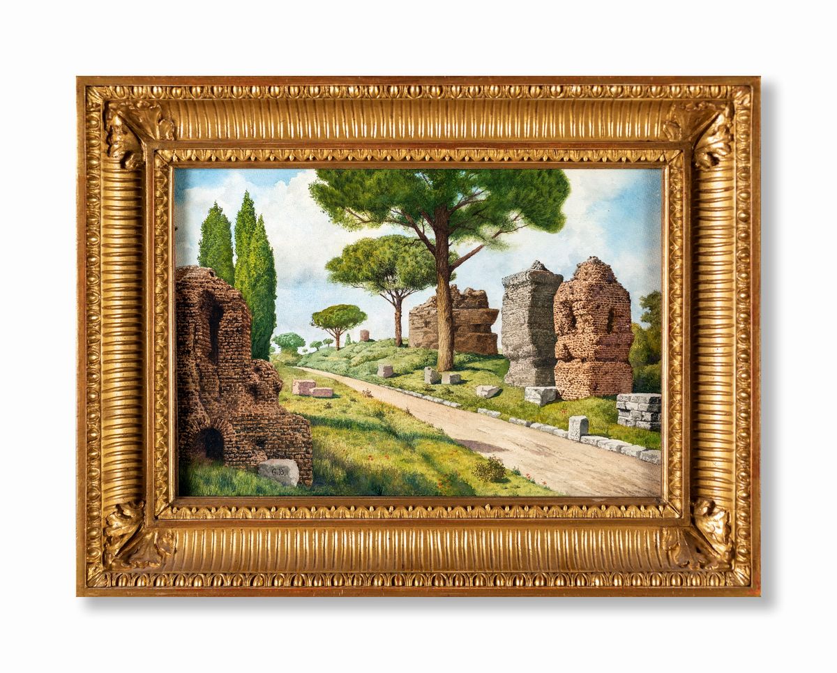 Pittore della Fine del XIX Secolo - A) L'arco di Tito e il Colosseo B) Ruderi sulla Via Appia