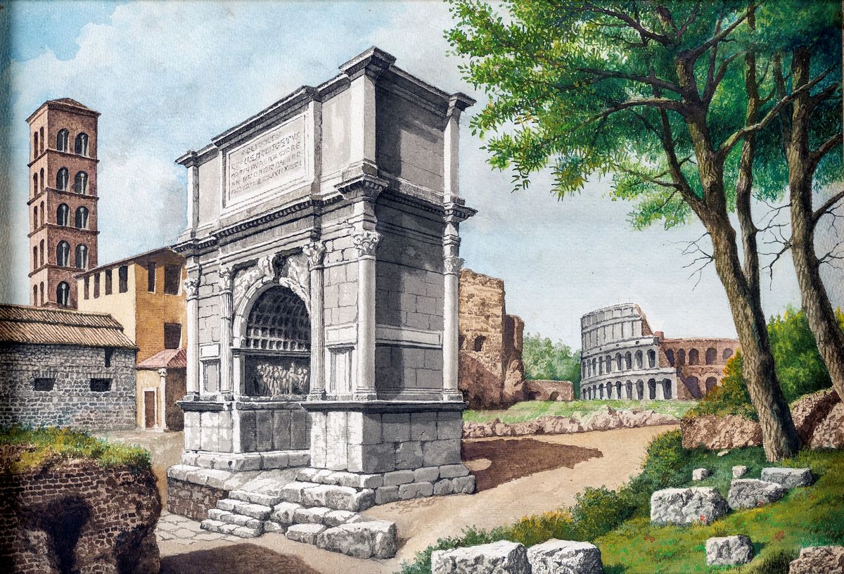 Pittore della Fine del XIX Secolo - A) L'arco di Tito e il Colosseo B) Ruderi sulla Via Appia