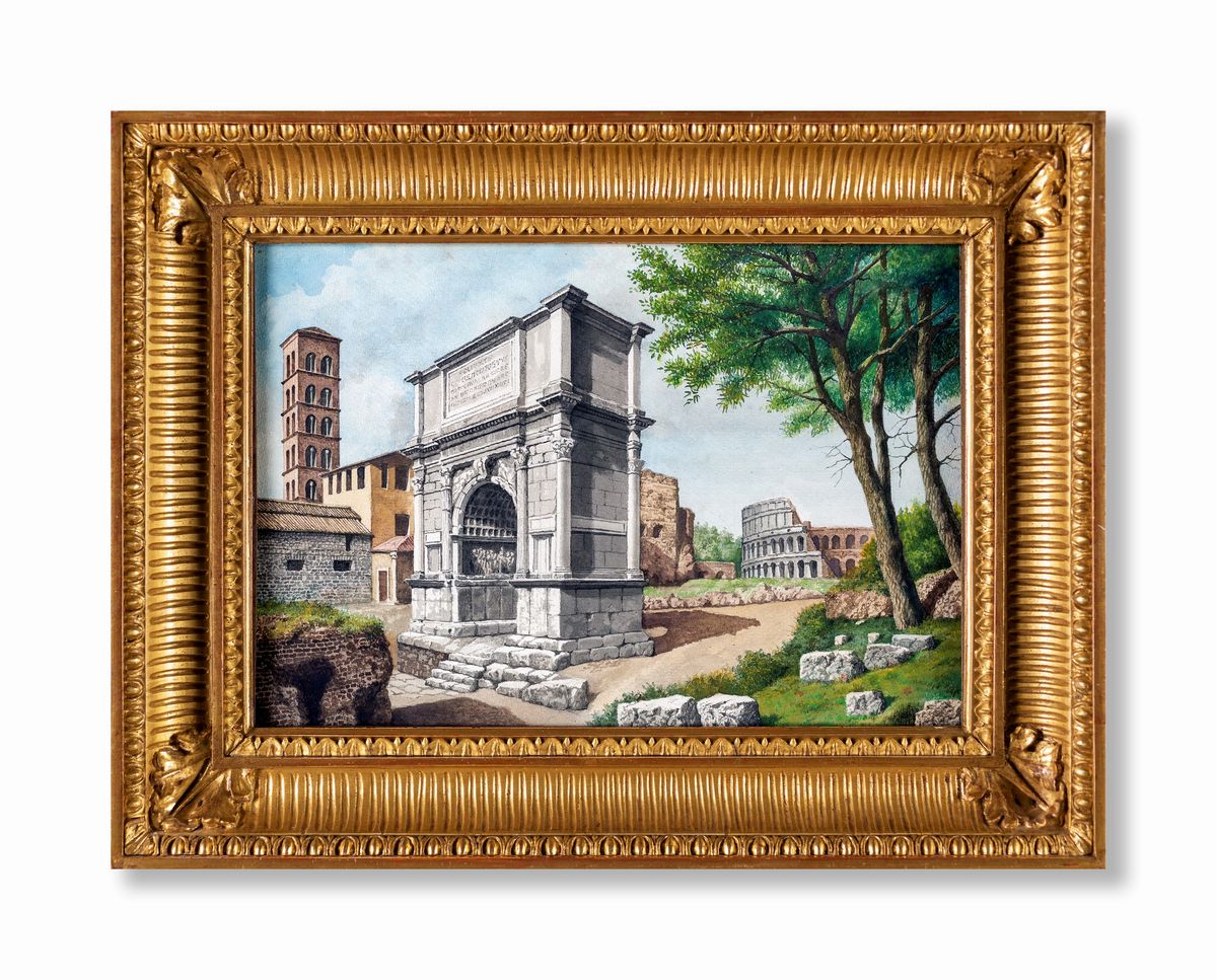 Pittore della Fine del XIX Secolo - A) L'arco di Tito e il Colosseo B) Ruderi sulla Via Appia