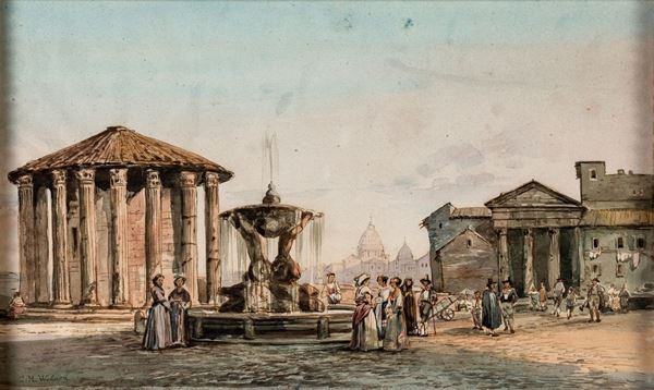 Veduta del foro Boario col tempio di Ercole vincitore e personaggi intorno alla fontana dei tritoni;  [..]