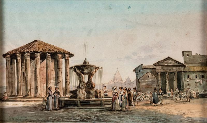 Pittore Inglese del XIX Secolo - Veduta del Foro Boario Col Tempio di Ercole Vincitore e Personag...