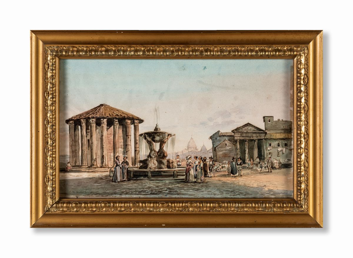 Pittore Inglese del XIX Secolo - Veduta del Foro Boario Col Tempio di Ercole Vincitore e Personag...