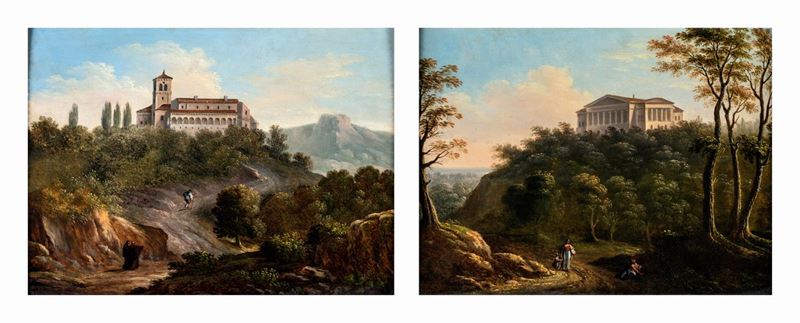 Pittore Fine XVIII/inizio XIX Secolo - A) Paesaggio con L'eremo dei Camaldoli B) Paesaggio con Pa...